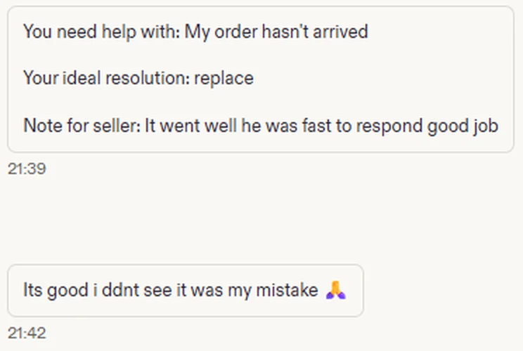 Buyer message about order support